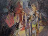 an oil painting of a couple of people standing next to each other