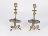 pair of antique brass candlesticks with blue and purple glass