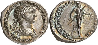 a silver coin with an image of a woman and a man on it