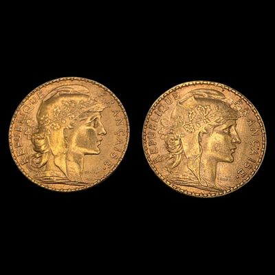 FRANCE - Réunion de 2 pièces de 20 francs or (900 millièmes)…