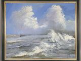 an oil painting of a boat in a large body of water