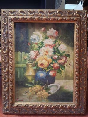 une peinture de fleurs dans un vase sur une table