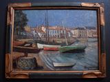 a picture of a painting of boats in a harbor