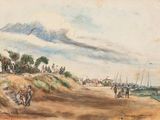 tableau représentant un groupe de personnes marchant sur un chemin de terre près d'un plan d'eau