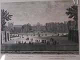 an old drawing of a view of a palace with a fountain in the foreground