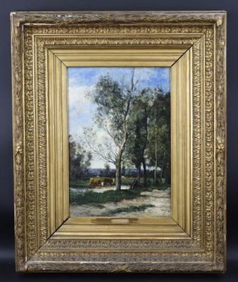 un tableau représentant un paysage avec des arbres et des vaches dans un champ