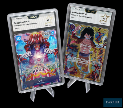 two cards on display in a plastic holder