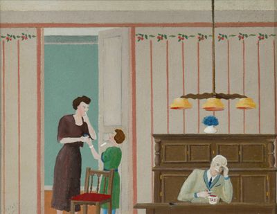 a painting of a woman and two children in a dining room