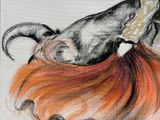 painting of a goat with orange hair and a hat on its head
