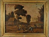 une image représentant un tableau où l'on voit un homme labourant un champ avec un cheval