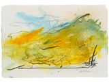 aquarelle abstraite représentant une montagne jaune et verte sur fond de ciel