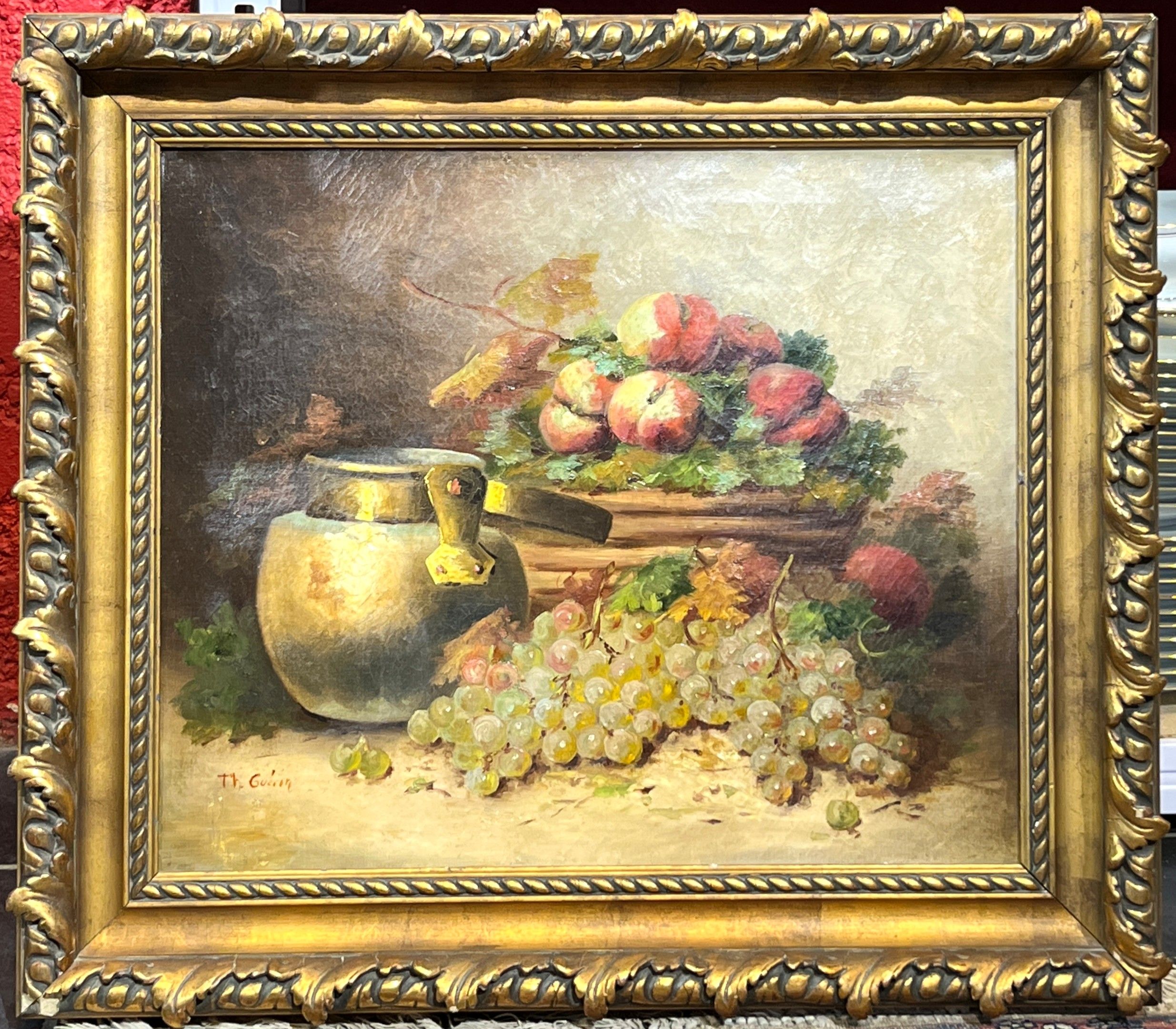 Ecole française du XIXe siècle. Composition aux raisins et pêches. Huile sur toile. Signé 'Th. GUERIN" en bas à gauch...