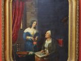 un vieux tableau représentant une femme et un homme assis à une table