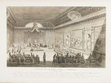 a drawing of a large room with people sitting at tables