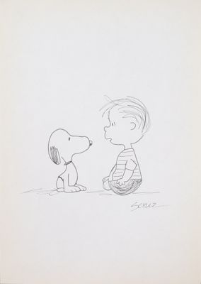 a drawing of a boy and a dog sitting on the ground