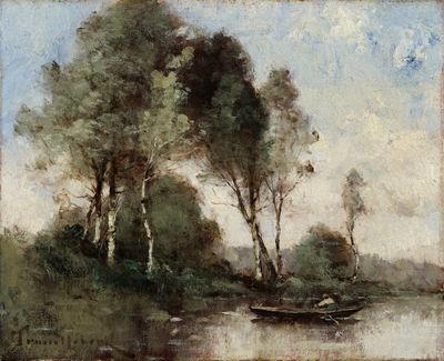 a painting of a boat on the water near trees