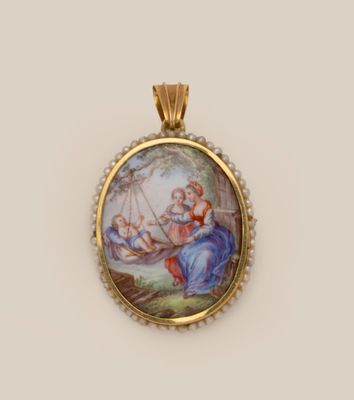 a gold and enamel pendant with a painting of a woman on a swing