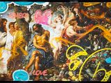 une image représentant un tableau où l'on voit un groupe de personnes entourées de fleurs