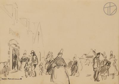 dessin représentant un groupe de personnes marchant dans une rue, près d'un immeuble