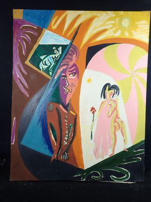 a painting of a man and a woman standing in front of a mirror