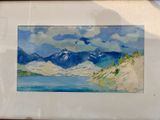 a picture of a painting of a lake and mountains