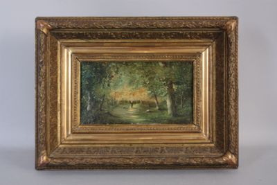 an oil painting of a deer in a wooded area with trees