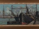 un tableau représentant un bateau dans un port, avec une tour horloge en arrière-plan