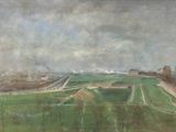 an image of a painting of a green field with buildings in the background
