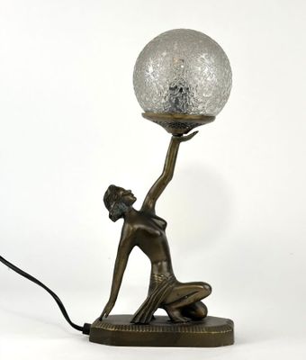 une image représentant une lampe sur laquelle une femme tient une boule de verre