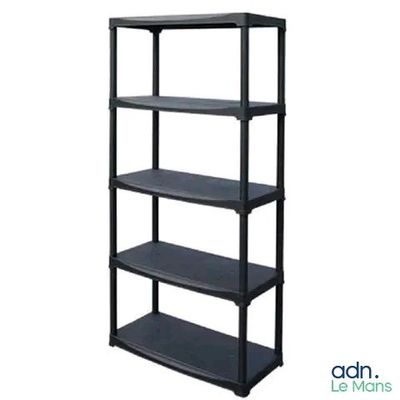 a black shelving shelf with four shelves on top of it