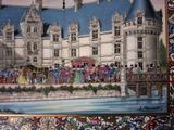 a picture of a painting of a castle with people on it