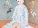 painting of a little girl in a blue dress sitting on the floor