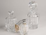 three clear glass perfume bottles with shells on a white surface