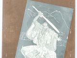 a drawing of a man holding a sword on a piece of paper