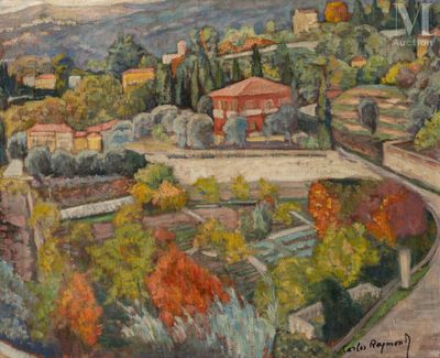 an oil painting of a view of a town from a hill