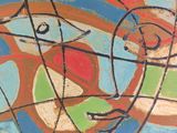 abstract painting of a woman ' s face with circles and lines on a blue background