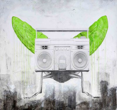 an image of a painting of a boombox with green leaves on it