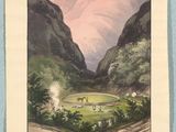 peinture représentant un paysage avec une rivière et des montagnes en arrière-plan