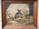 une peinture à l'huile représentant des poulets dans une grange, avec une échelle