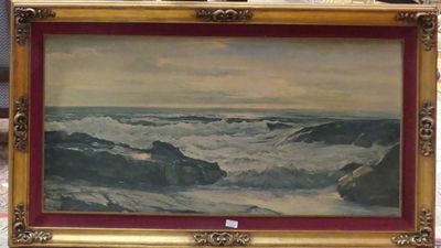 an oil painting of a beach scene with waves crashing in the water