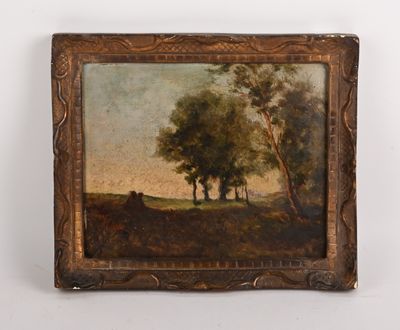 une peinture à l'huile représentant un paysage avec des arbres et une vache dans un champ