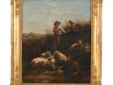 an image of a painting of a man with sheep in a field