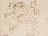 drawing of a group of people sitting around a table with a dog