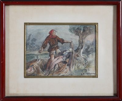 tableau représentant un homme à cheval avec un cheval dans une zone boisée