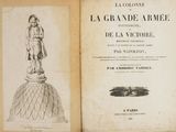an old book with a drawing of a statue on top of it