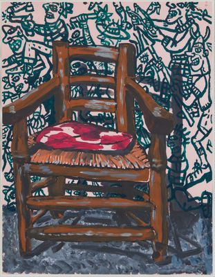 une image représentant une peinture d'une chaise en bois sur laquelle est posé un coussin rouge