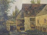 a painting of a water mill in a rural setting