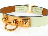 leather dog collar with studs and brass hardware in mint green and gold