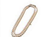 a close up of a pearl necklace on a white background