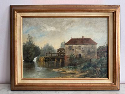 une peinture à l'huile représentant une maison au bord d'une rivière, avec un pont
